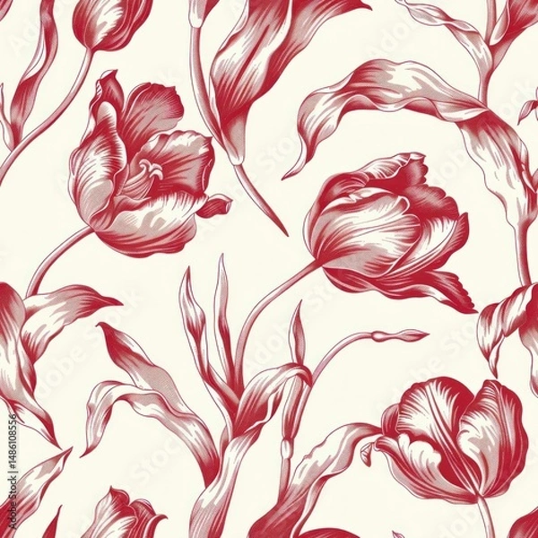 Fototapeta Tulip flower pattern in style of toile de jouy as seamless repeating backgound tile 2