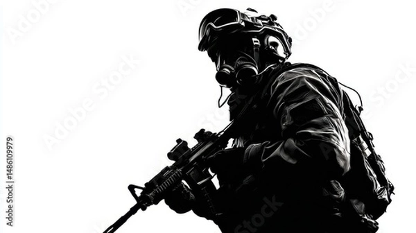 Obraz Modern Russian Spetsnaz operative on ready alert during mission in an urban environment