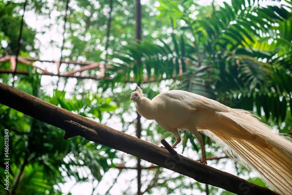 Fototapeta White female peacock walk on tree trunk in big zoo cage, Korat