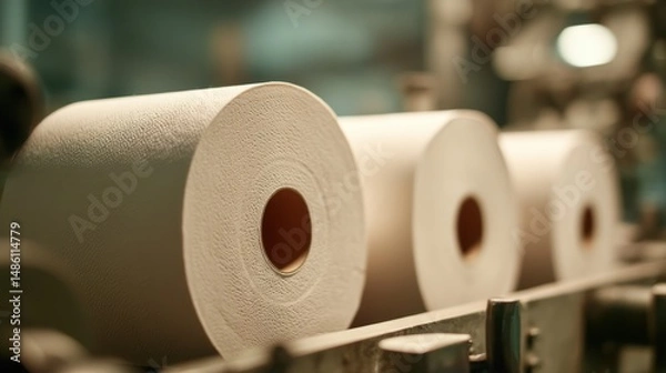 Fototapeta Toilet paper pulp. Paper rolls lined up in a factory setting ready for processing.