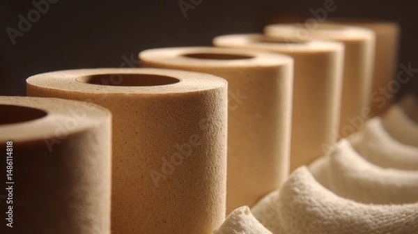 Fototapeta Toilet paper pulp. Rolls of textured paper arranged in a line, showcasing varying shades and dimensions.