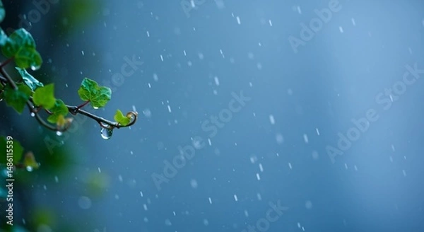 Obraz Serene rain droplets on vibrant green leaves of a plant branch against a soft blue background.