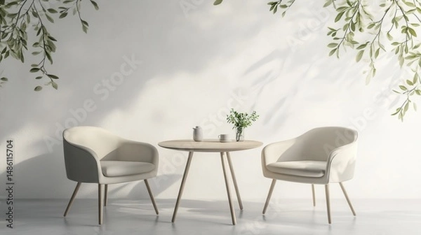 Fototapeta Elegant, minimalist, beige room setting with a small table and chairs.