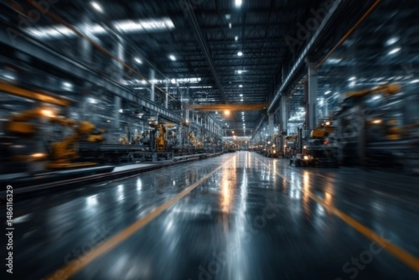Fototapeta Assembly line filled with automated machinery inside large factory building with motion blur for industrial manufacturing processes