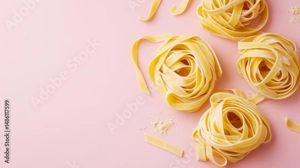 Obraz Top view of three nests of dried tagliatelle pasta on a pink background with some loose strands and parmesan cheese.