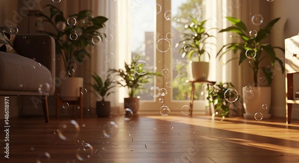 Fototapeta Sunlit room with indoor plants and floating bubbles, creating a serene and playful atmosphere.