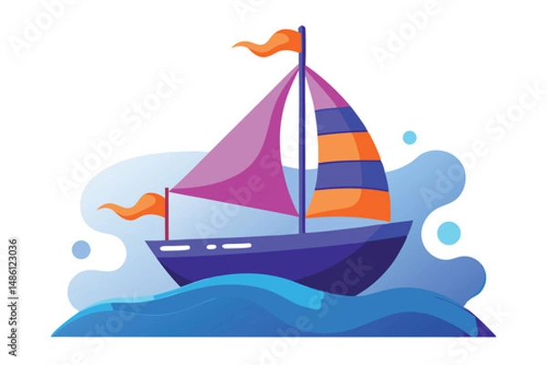Fototapeta A delightful blue sailboat with colorful sails journeys across wavy seas under sunny skies