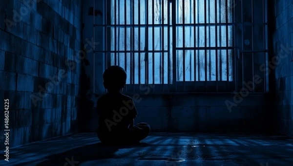 Fototapeta Child alone in prison cell.