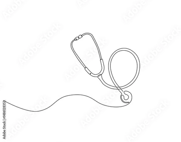 Fototapeta Continuous one line drawing of stethoscope. One line drawing illustration of medical tool. World hypertension day concept single line. Editable outline