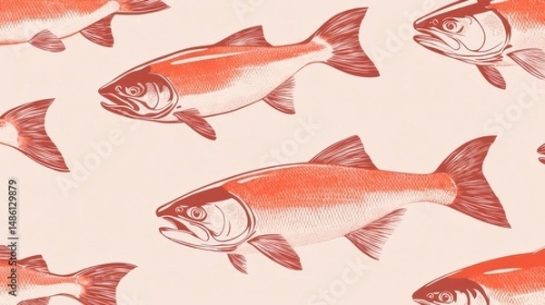 Obraz Seamless pattern of red salmon fish illustrations on a light pink background.