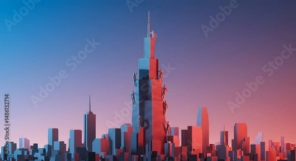 Fototapeta Climbing a Tall Building in a Cityscape with Dynamic Lighting