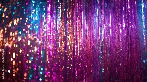 Fototapeta Tinsel festive curtain in blue and purple colors background.