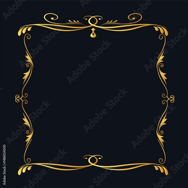 Fototapeta Elegant Golden Frame Border Design with Swirl Decoration for Wedding Invitation, Certificate, or Premium Packaging on Dark Elegant Background	
