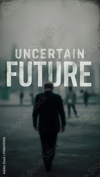 Fototapeta Uncertain future concept man walking in foggy city street with bold typography emotional scene symbolizing unknown path loneliness doubt fear and abstract modern life challenges