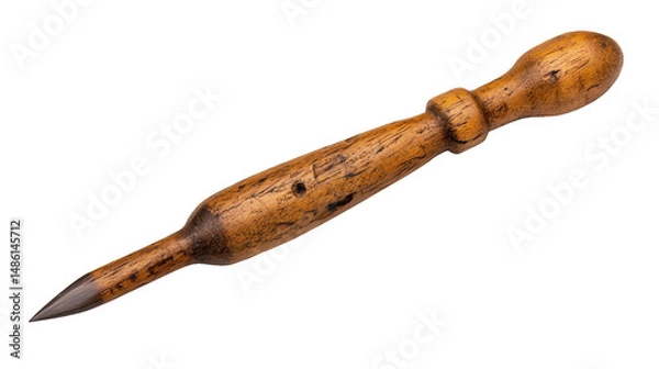 Fototapeta Vintage wooden awl with a dark brown, aged finish, isolated on a transparent background. The tool shows signs of wear and use, with a slightly tapered handle and a sharp metal point.