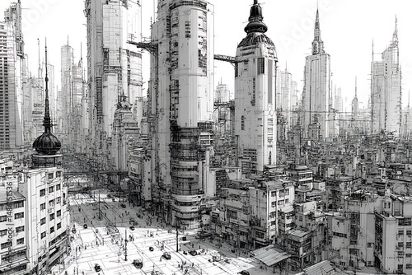 Fototapeta Architectural cityscape sketch futuristic dystopian metropolis