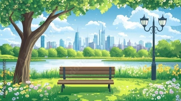 Fototapeta Park scene with city view. Lush greenery surrounds a park bench overlooking a tranquil lake and a distant cityscape. Sunny day