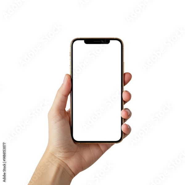 Fototapeta "Hand Holding Smartphone with Blank Screen. Isolated Modern Mobile Phone Display Mockup on Transparent Background. Generative AI
