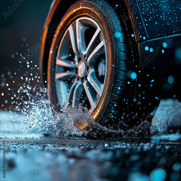 Obraz Car tire splashes through water, creating dynamic droplets