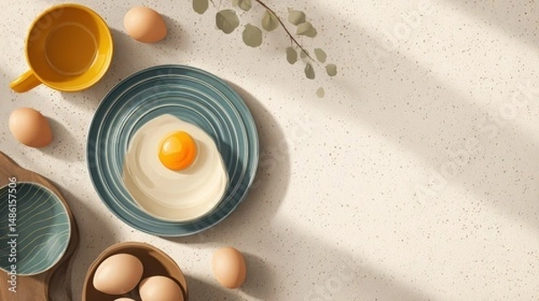 Fototapeta A charming bowl arrangement with fresh eggs ideal for a vibrant breakfast display in a cozy kitchen setting