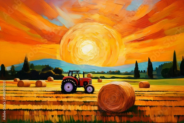 Fototapeta Painting style image of farm landscape in rural Ireland in summertime featuring bales of hay in freshly cut field with farmer in tractor visible against backdrop of setting sun