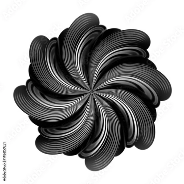Fototapeta Black and white illustration with dimensional floral shapes, spiral patterns, ornamental fractal design elements, detailed textures, swirling monotone lines.