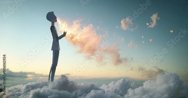 Fototapeta Paper figure stands atop clouds. Light emanates from hands, forming hearts, smoke. Sky presents soft hues, peaceful scene.