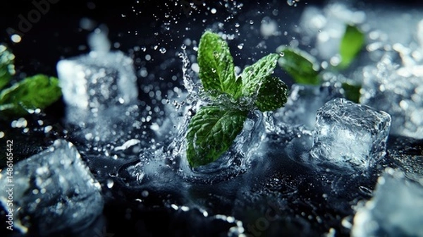 Obraz A close-up image featuring fresh green mint leaves intertwined with ice cubes,