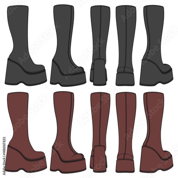 Obraz Set of colored retro platform boots. Isolated vector objects on white background.