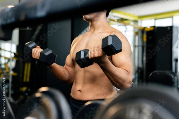 Obraz Bodybuilder lifting weights, concentrating on biceps exercise in gym