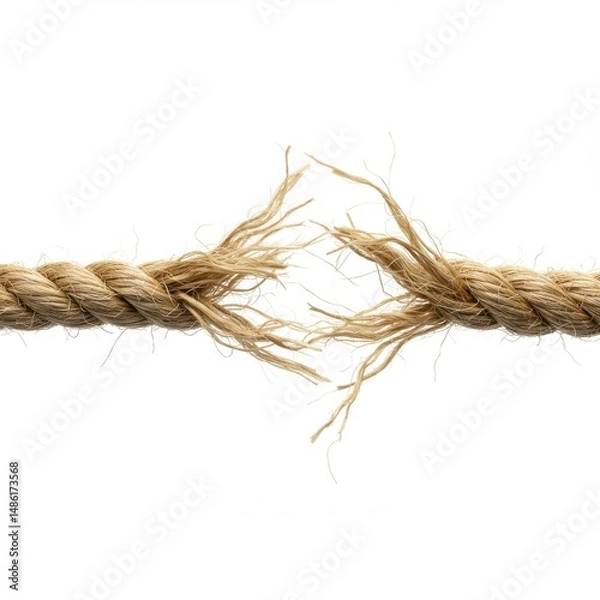 Fototapeta Torn rope isolated on white background, depicting stress, limit, and fragility use cases.