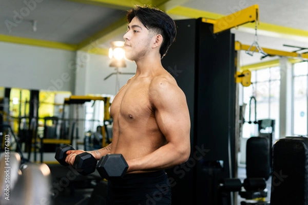 Obraz Bodybuilder lifting weights, concentrating on fitness goals in gym