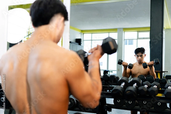 Obraz Bodybuilder lifting dumbbells and admiring himself in mirror
