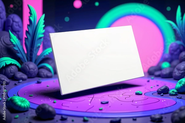 Fototapeta Horizontal card mockup on surreal neon fantasy background
