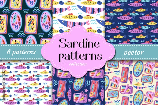 Fototapeta Fun sardine vector patterns in pop colors with fish, canned seafood and sea waves. Great for packaging, kids design and trendy Mediterranean prints.