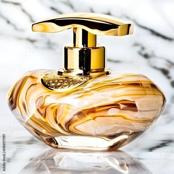 Obraz Elegant golden liquid soap dispenser with swirling patterns on marble surface