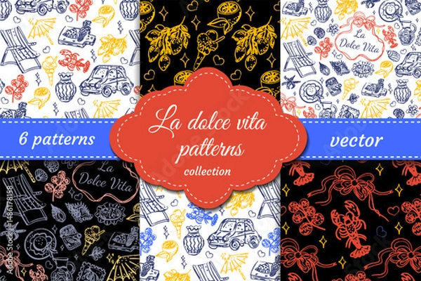Fototapeta Stylish La Dolce Vita vector patterns in outline style. Includes Italian motifs: lemons, deckchairs, seafood and summer symbols. Ideal for elegant prints and packaging.