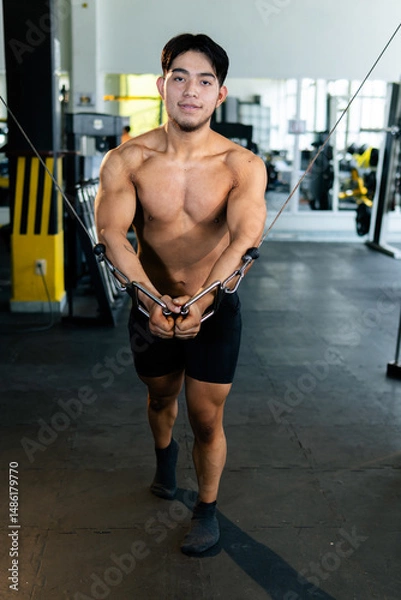 Obraz Young bodybuilder doing cable crossover exercise in gym