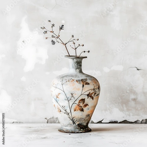 Obraz Elegant vase with floral details and dried sprigs against a textured wall backdrop