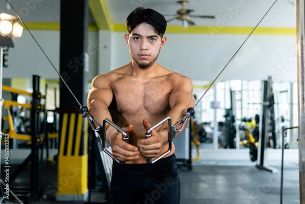 Obraz Bodybuilder doing cable crossover exercise in gym