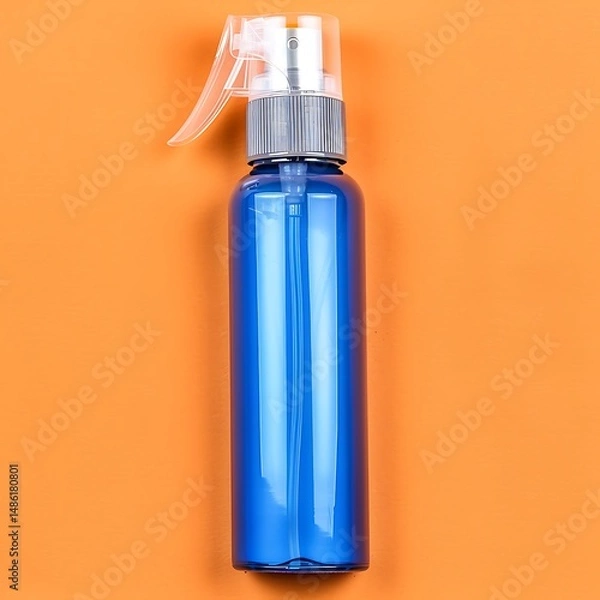 Obraz Isolated shiny blue spray bottle with clear dispenser on orange backdrop
