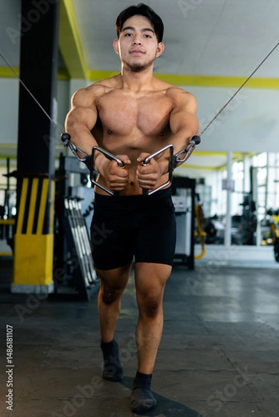 Obraz Bodybuilder performing cable fly exercise in gym