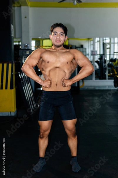 Obraz Young bodybuilder showing muscles in the gym