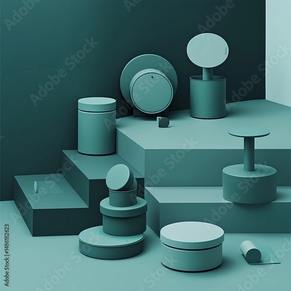 Obraz Monochromatic Still Life: Geometric Forms in a Serene Teal Composition