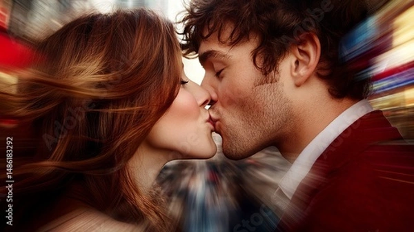 Fototapeta A couple is kissing passionately with blurred motion effects suggesting speed and movement in an urban environment.
