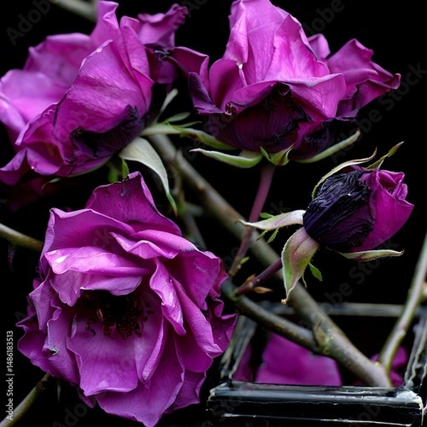 Obraz Velvet Roses: A Study in Deep Purple Tones and Floral Composition