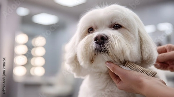 Fototapeta A White Maltese Dog Being Groomed in a Professional Salon with Soft Lighting and Mirrors