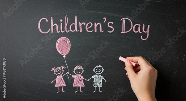 Fototapeta Children's Day chalk drawing on blackboard with children and balloon illustration and hand holding chalk