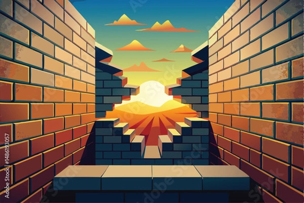 Fototapeta Sunset Through a Broken Brick Wall. A Symbol of Hope and New Beginnings