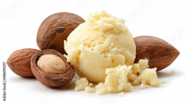 Obraz Natural Shea Butter and Shea Nut Isolated on White Background